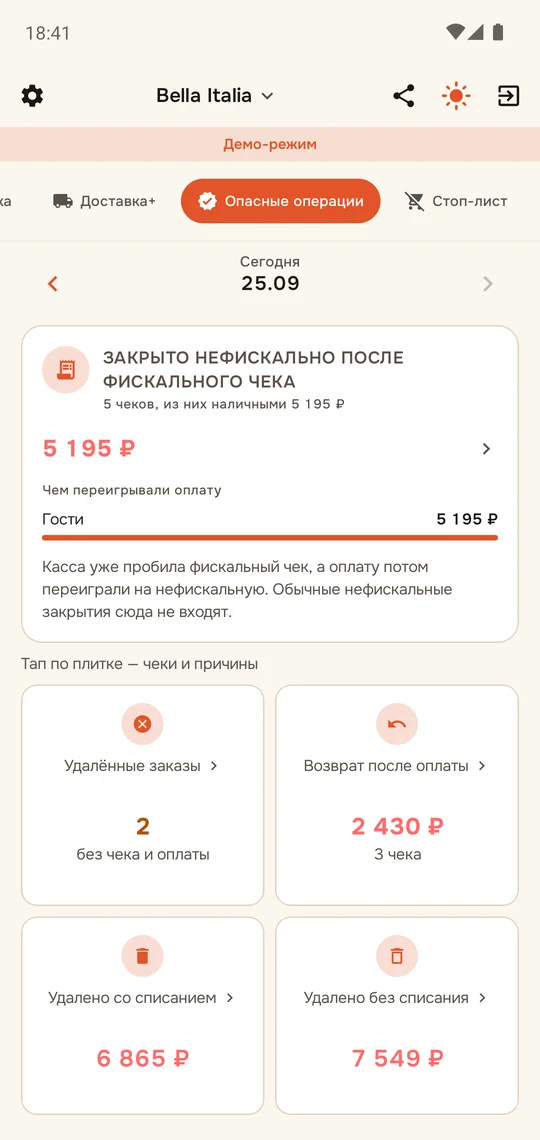Первый экран одной точки: «Закрыто нефискально после фискального чека», удалённые заказы, возврат после оплаты, удалено со списанием и без списания