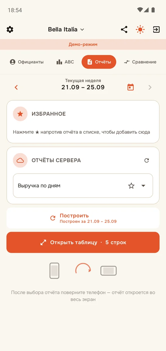 Отчёт построен: «Открыть таблицу» или поверните телефон