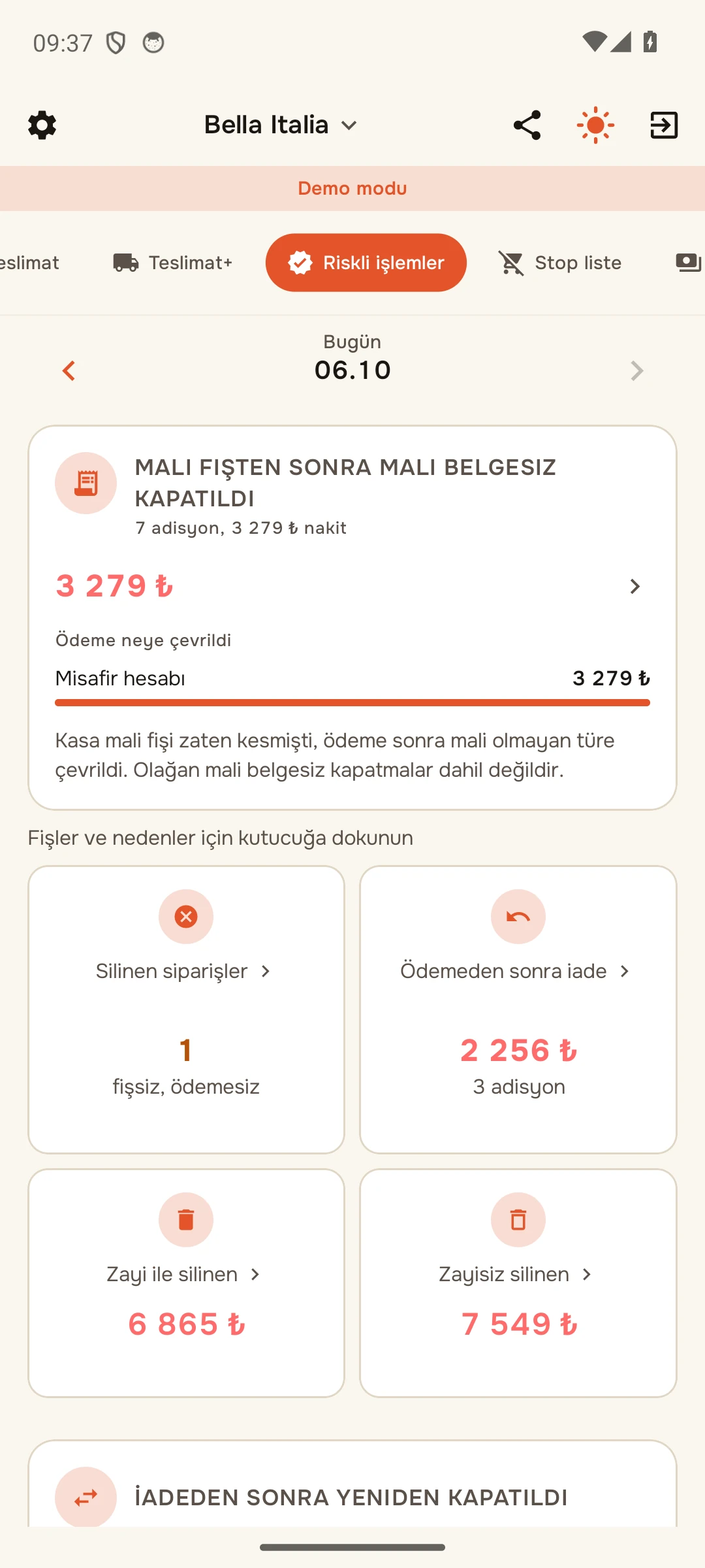 Tek şubenin ilk ekranı: «Mali fişten sonra mali kayıt dışı kapatılan», silinen siparişler, ödeme sonrası iade, stok düşümüyle ve stok düşümü olmadan silinen