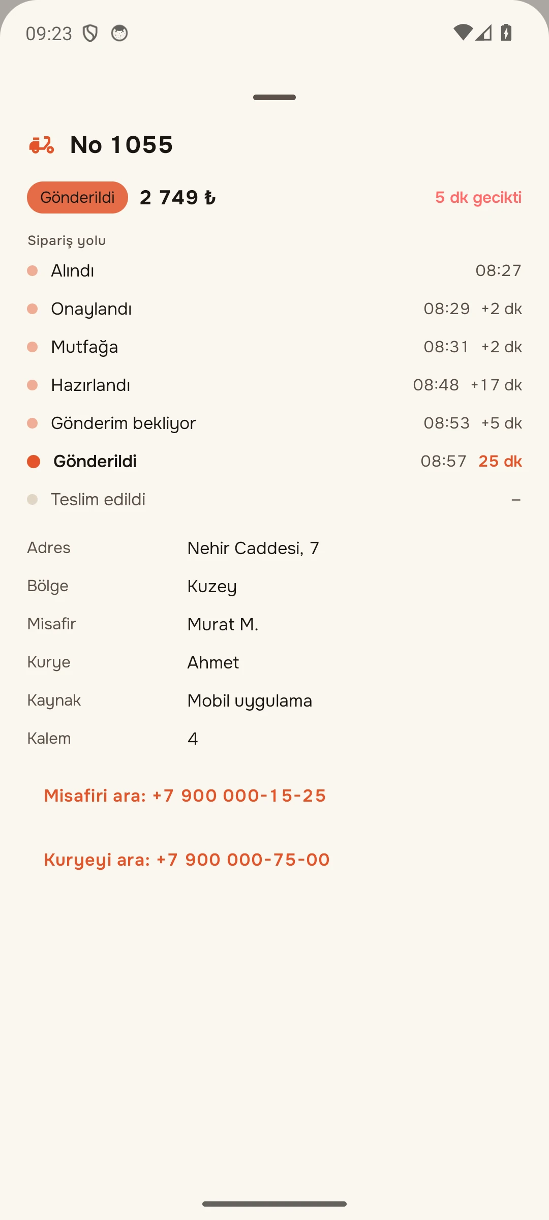 Teslimat siparişi: siparişin yolu, adres, misafiri ve kuryeyi arama