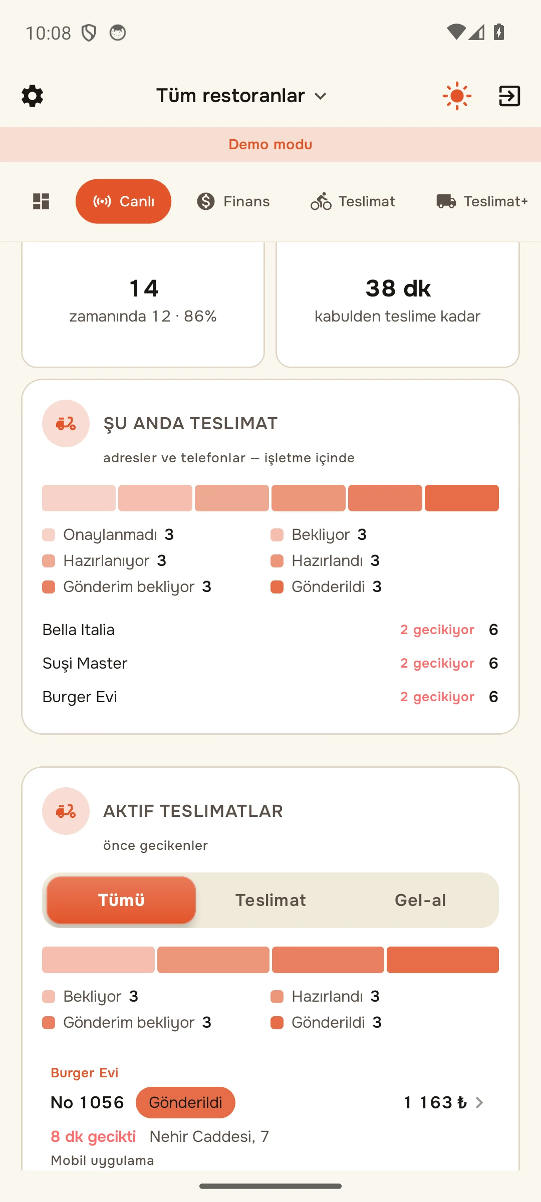 Tüm şubeler: şu anda teslimat, aşamalara ve şubelere göre