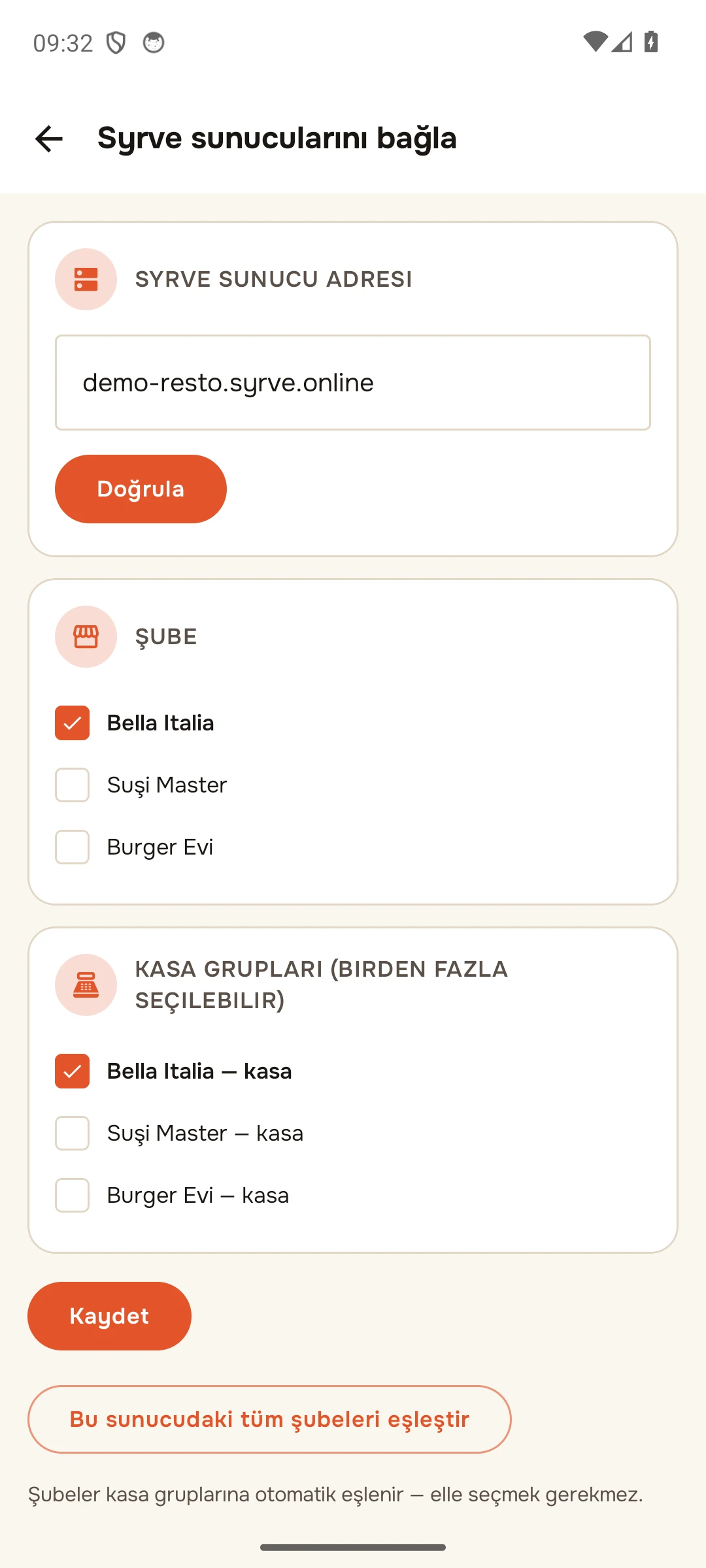 Adım 3. «Kontrol et» sonrası: işletme, kasa grupları ve «Tüm işletmeleri eşleştir»