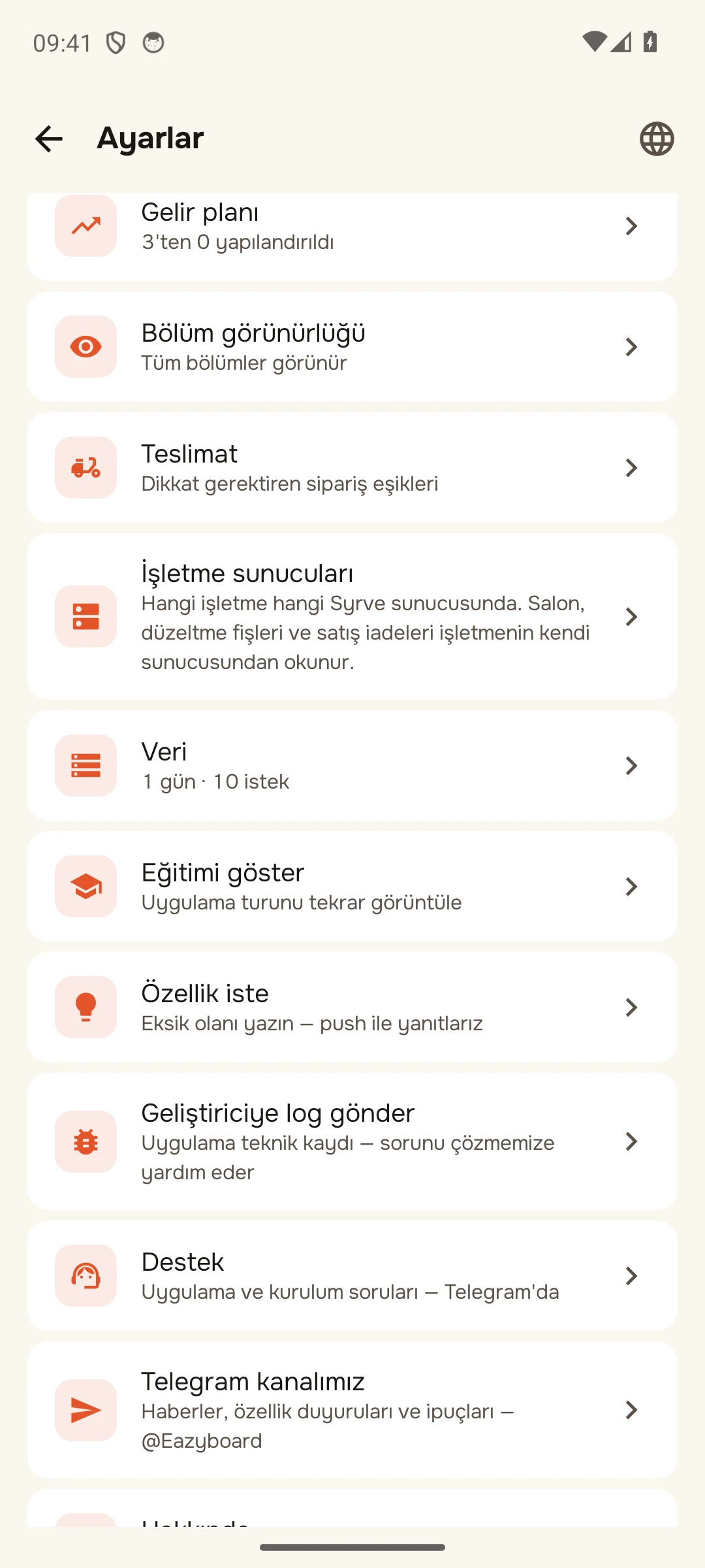 Adım 1, başka bir yol: Ayarlar&nbsp;→ «İşletme sunucuları»