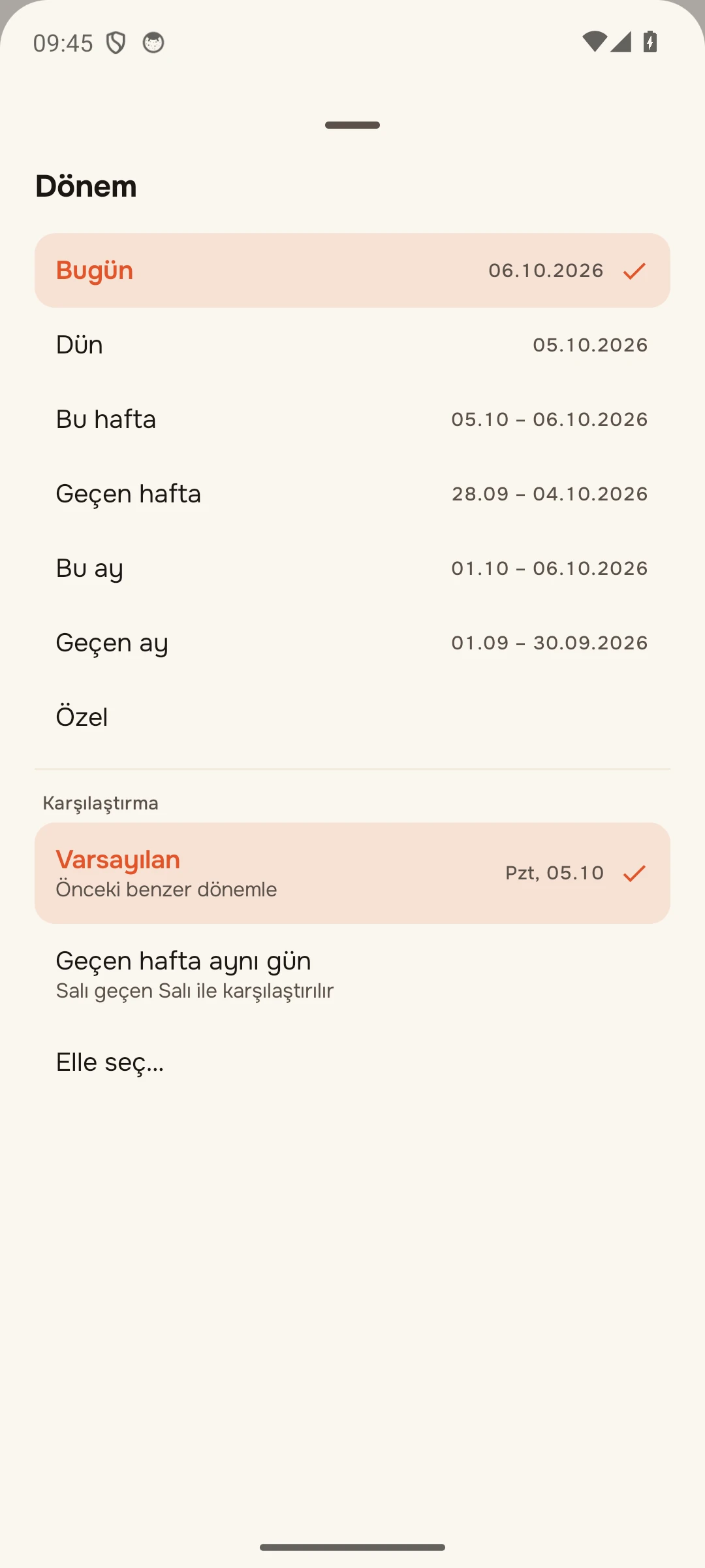 «Karşılaştırma» bloğu bulunan «Dönem» seçim paneli