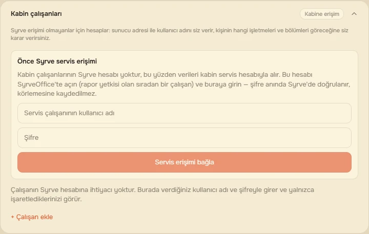 Servis erişimi ve «+ Çalışan oluştur»