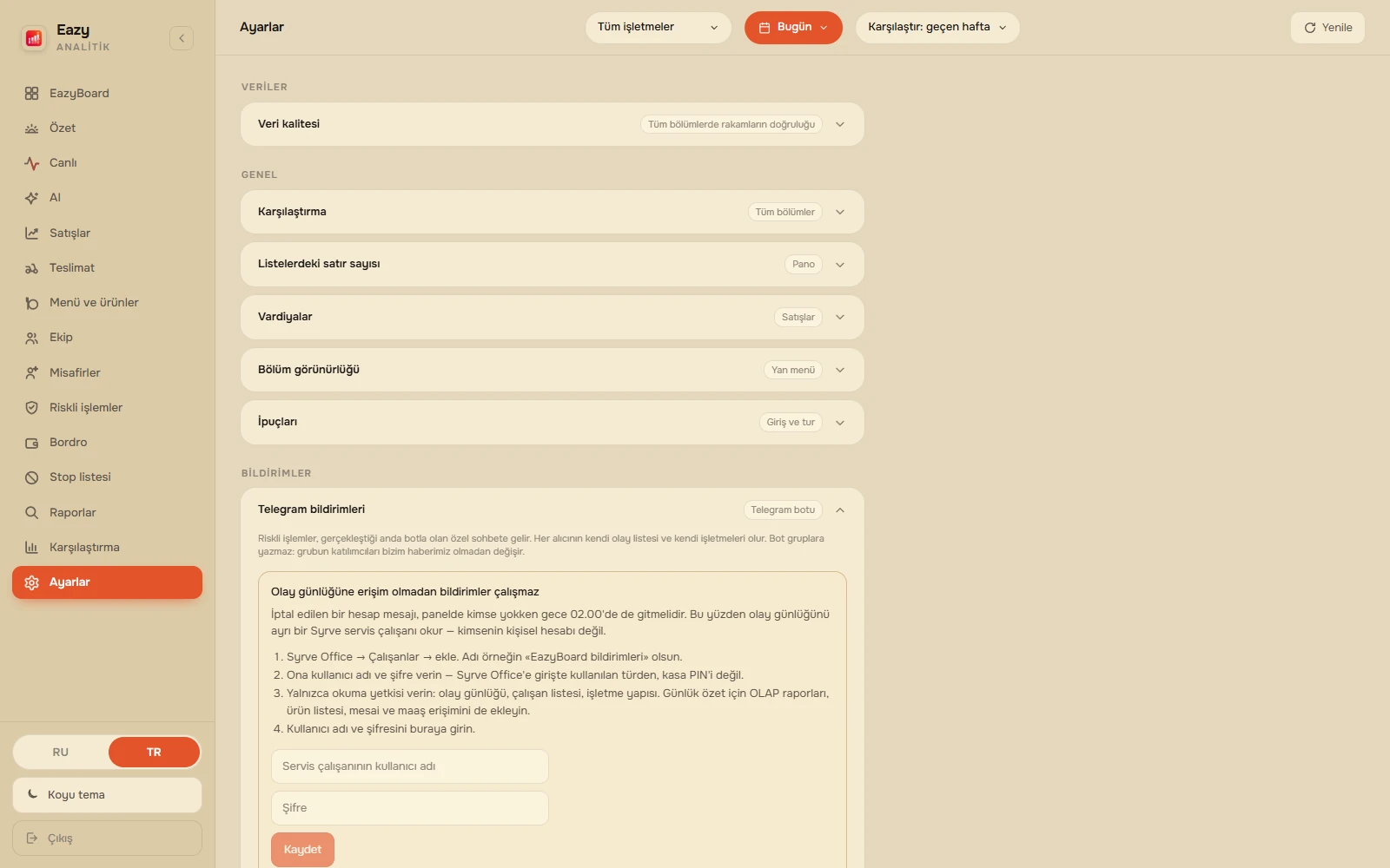 Servis erişimi, alıcı listesi ve «Telegram bağla»